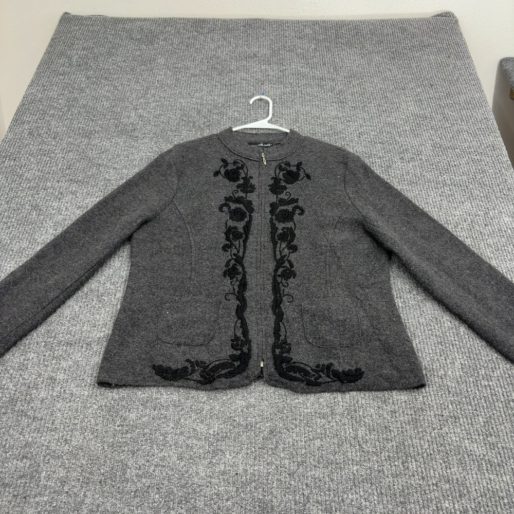 Willi Smith Jacket Women L Gray Wool Embroidered Floral Full Zip Mock Neck Style